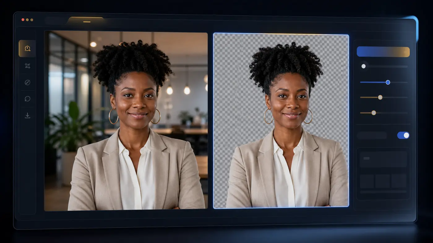 Passlens background removal workbench showing a clean photo cutout workflow.