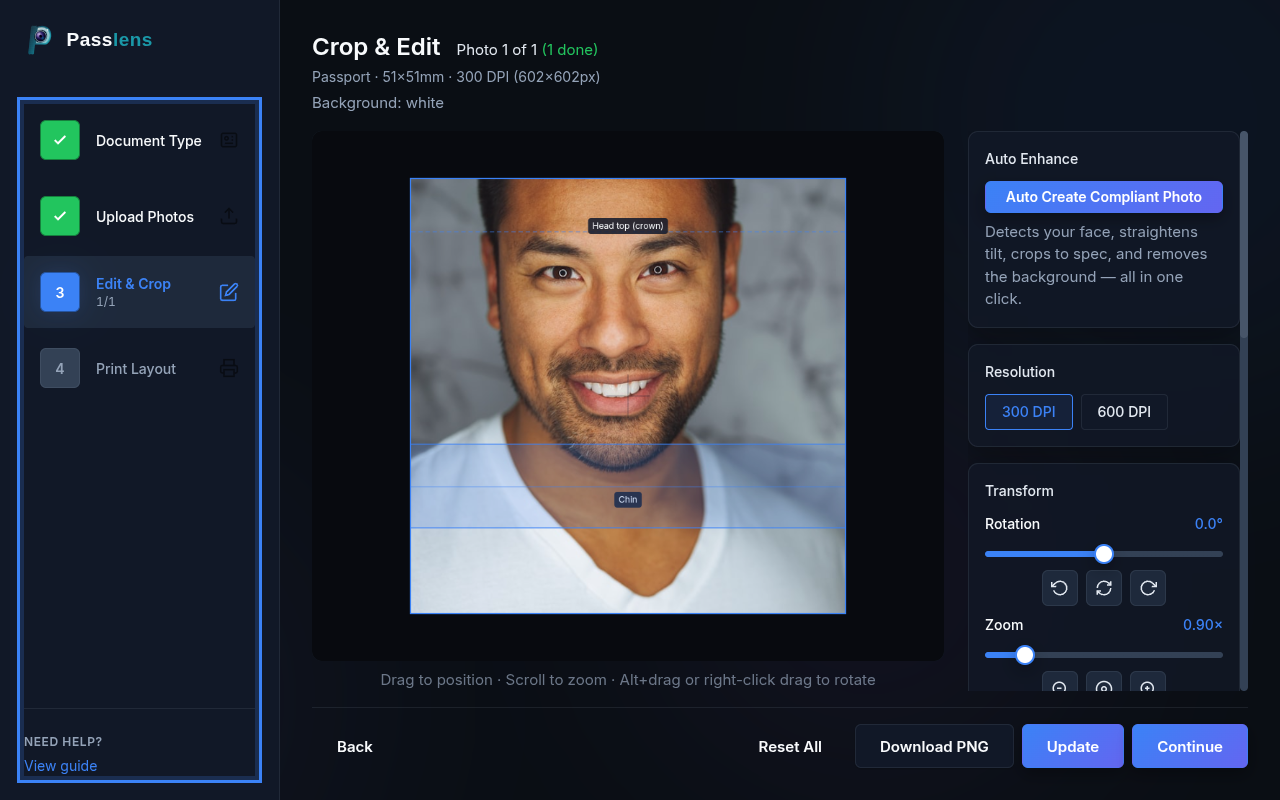 Passlens overview — wizard layout