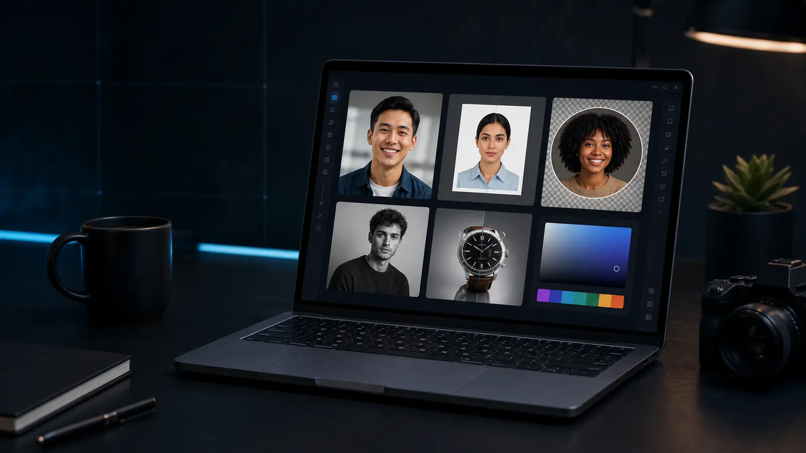 Browser image tools workbench with crop, color, black-and-white, and profile-photo previews